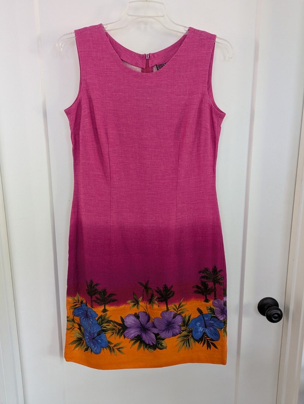 Vtg Vinci Clothiers Womens Size12 Pink Sleeveless Hibiscus Tropical Dress EUC